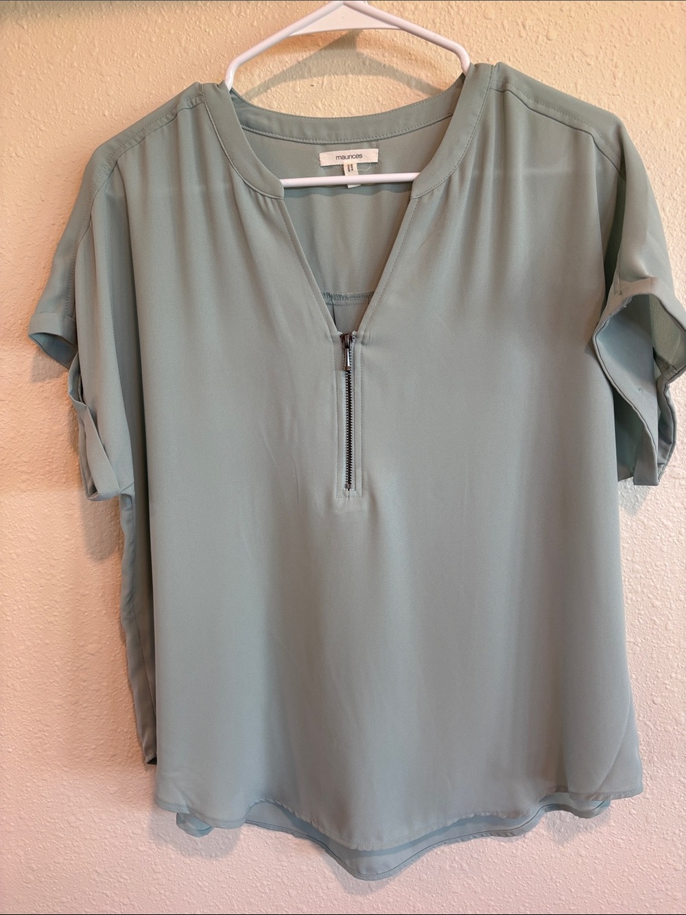 Maurices Light Sage Zip-Front Short Sleeve Blouse